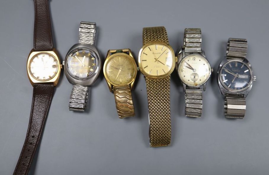 Seven assorted gentlemans wrist watches, including Ingersoll and Montine.